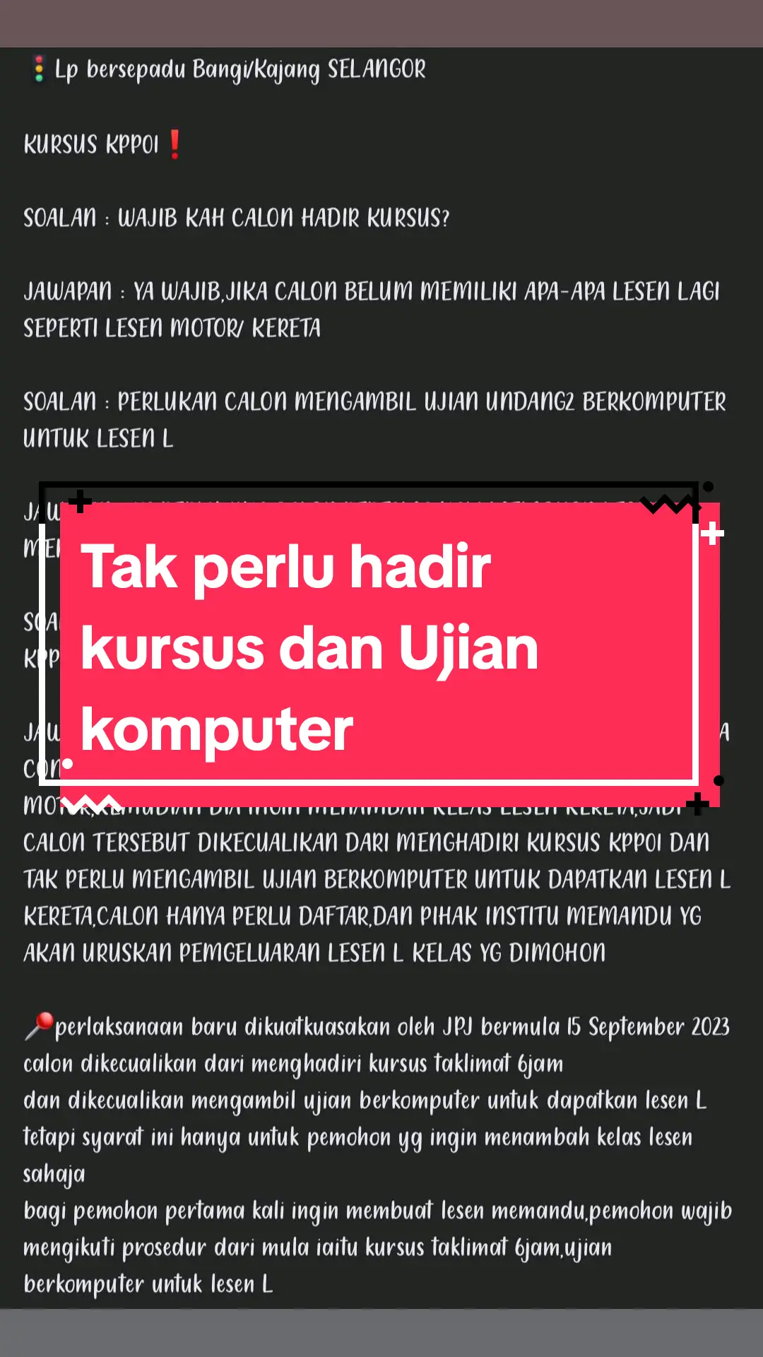 ada lagi yg masih tak tahu mengenai perlaksanaan oleh jpj mengenai pemohon tambah kelas dikecualikan dri menghadiri kursus serta ujian computer 🚦LP BERSEPADU bangi/kajang SELANGOR #Dmkakaklesen #cikgulitar #LpBersepadubangikajang #lesenmemandu #lesen #