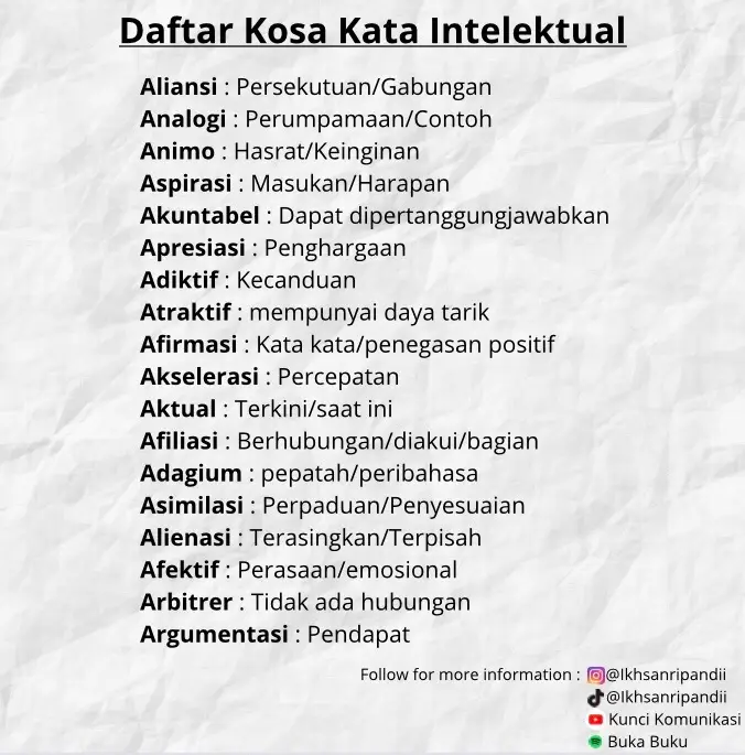 Berikut adalah 500 + kosa kata atau istilah intelektual / ilmiah. Yuk gunakan dalam public speaking agar makin keren, cerdas, dan meningkatkan kredibilitas publik🤩👋🏼.  #mahasiswa #universitas #pendidikan #intelektual #ilmiah #organisasi #kosakata #orasi #pidato #persentasi #cerdas #kammi #hmi #pmii #gmni #gmki #badaneksekutifmahasiswa #bemukri #universitaskebangsaanrepublikindonesia #fyp #fypp #viral #fypp 