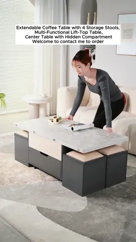 Extendable Coffee Table with 4 Storage Stools, Multifunctional Lift Top Coffee Table, Space Saving Folding Dining Table for Living Room#coffeetable#multifunctionalcoffeetable#Foldingcoffeetable##diningtable#Multifunction#telescopiccoffeetable#table#factory#tiktok#foryou 