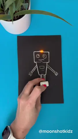 DIY “Robot” electric circuit drawing. Easy paper electronics project for beginners. You will need: - Lilypad LED - Conductive ink pen - 9v battery  - Paper (dark) #stemteachers #papercraft #interactiveart #LearnOnTikTok #stemchallenge 
