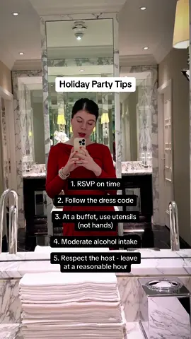 For those who celebrate Christmas, holiday parties are in full swing 🎄✨ Here are a few tips for respectful behavior during these festive times. What else would you add to the list? 🤔 #etiquette #holiday #christmas #xmas #partyetiquette #etiquettetips #socialmanners #manners 