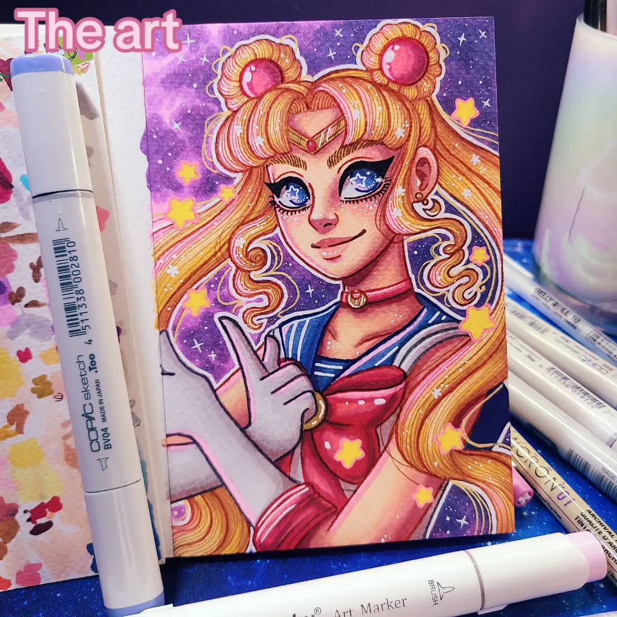 🌙MATERIALS: Micron 01 pen, Paper Mate Flair pen, Copic Markers, Ohuhu Markers, White Gellyroll pen, Grabbie paint markers, Artist Loft watercolor paper #sailormoon #art #nails #artist #fanart 