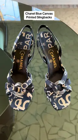 Chanel Printed Canvas Slingbacks, Available Now! #chanelslingback #chanelslingbacks #chanelheels #vintageheels #designerheels #sourcing #kittenheels #vintagechanel #manoloblahnik 