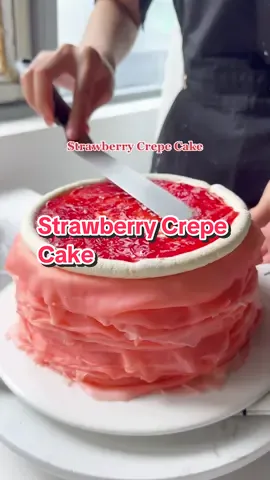 Strawberry Crepe Cake. Recipe linked in my bio. #strawberry #crepecake #strawberrycrepecake #crepes #Recipe #dessert #fyp #viraltiktok #viralvideo 