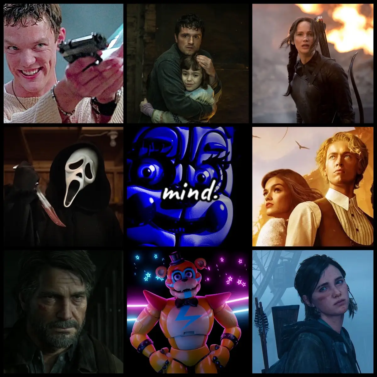 These franchises changed me so much for the better, I wouldn’t trade the world for them #fnaf #fivenightsatfreddys #tlou #thelastofus #elliewilliams #joshhutcherson #matthewlillard #fnafmovie #screammovie #scream1996 #hungergames #tbosas