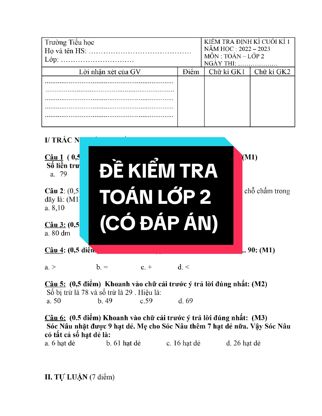 ĐỀ KIỂM TRA LỚP 2 - (CÓ ĐÁP ÁN) #qbooks #thaynguyenvanquyen #thayquyen #xuhuong #hottrend #fyp #dekiemtra #toanlop2 