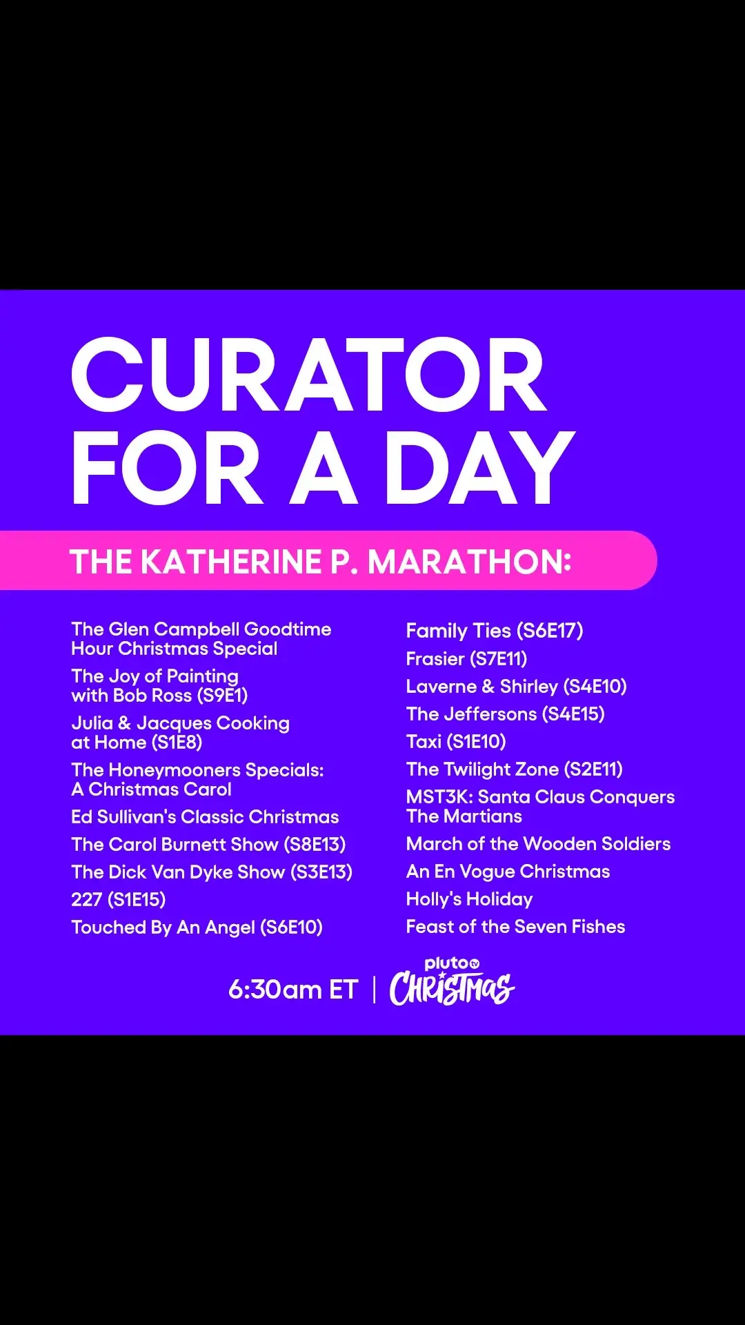 Today's Pluto TV Christmas channel was curated entirely by Pluto TV's Curator for a Day winner: Katherine P! Katherine hand-picked these iconic holiday episodes and movies for you to enjoy all day long! #PlutoTVHolidays @kattiecakerooski 