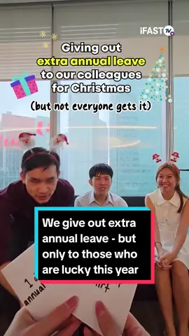 This Christmas, we rewarded our colleagues who tolerated and entertained our content ideas with something extra special! 🎁 #christmas #christmas2023 #annualleave #office #officelife #workvlog #colleagues #christmasgift #corporatelife #iFAST  #christmasinoffice 