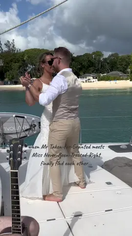 Long distace love to two years married 🌊🤍 Trust me girls, it does exist and it comes like total surprise 💍 #fyp #married #shesaidyes #catamaran #barbados #caribbean #beachwedding #firstlove #coupletok #couplegoals 
