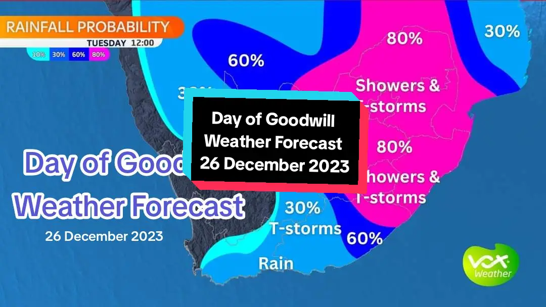 WEATHER MAPS and WARNINGS for ❤️DAY OF GOODWILL❤️ – 26 December 2023 ⚠️IMPACT-BASED WARNINGS issued by SA Weather Service⚠️ 🟡 Yellow Level 2: Severe thunderstorms with strong damaging winds and heavy downpours, leading to localised damage and flooding of roads, settlements (formal and informal), low-lying areas and bridges are expected over the extreme north-eastern parts of the Northern Cape, in places over the western parts of both North West and Free state province. 🟡 Yellow Level 2: Disruptive rain leading to localised flooding of susceptible settlements, roads, low lying areas and bridges as well as localised disruption to municipal services are expected over the eastern half of the Eastern Cape, KwaZulu-Natal, highveld of Mpumalanga, Gauteng, western and central parts of Limpopo, eastern parts of the North West and north-east Free State province. 🟡 Yellow Level 3: Damaging Winds leading to disruption to beachfront activities and difficulty in navigation at sea are expected between Lambert's Bay and Cape Agulhas.  🟡 Yellow Level 2: Waves leading to small vessels such as personal watercraft taking on water in localities are expected between Cape Point and Port Nolloth in the morning. 🔥FIRE DANGER WARNINGS🔥: Extremely high fire conditions are expected in places over Kamiesberg and Karoo Hoogland in the Northern Cape as well as over City of Cape Town, Matzikama, Cederberg and Beaufort West municipalities in the Western Cape. 🥶ADVISORIES: 🥶 Very cold conditions are expected along the southern Drakensberg in the Eastern Cape. #voxweather #voxweathergirls #fyp  #severethunderstorms #DayOfGoodwill #disruptiverain #flooding