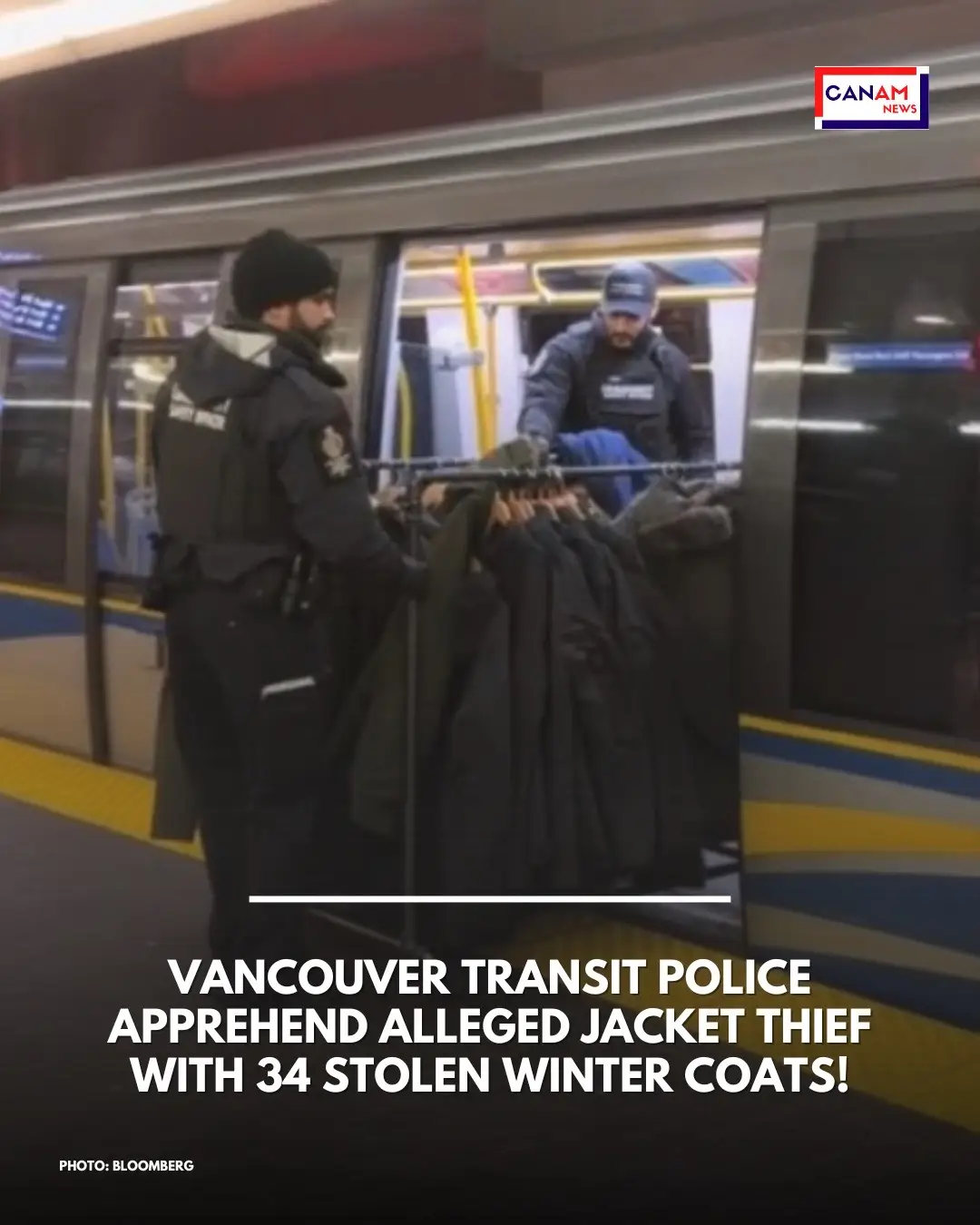 Transit police in #Vancouver arrested a 35-year-old man after he was found riding the #SkyTrain with a rack of 34 winter coats, believed to be stolen from Metrotown mall. 🚈 A TikTok video captured the bizarre incident, set to Christmas music, shedding light on deeper issues of poverty and addiction. The stolen coats, valued at $6,100, were removed from the train at Waterfront Station. #Burnaby RCMP has taken over the investigation, responding to alarms at the mall earlier that day. The suspect was released pending charges approval from the B.C. Prosecution Service.