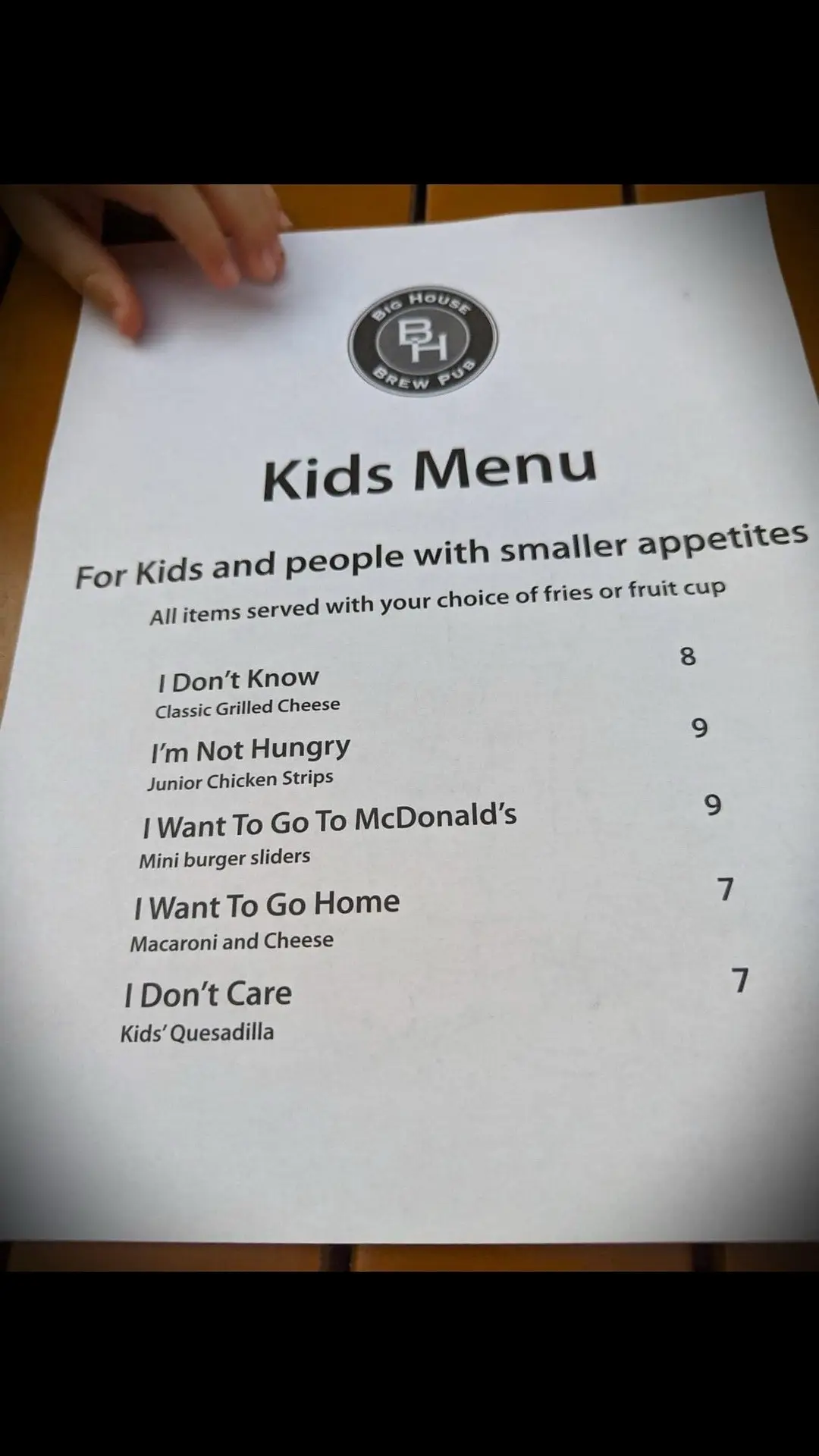 The most accurate kids menu I’ve ever seen 😂  At @bighousebrewpub #fyp #foryou #menu #food 