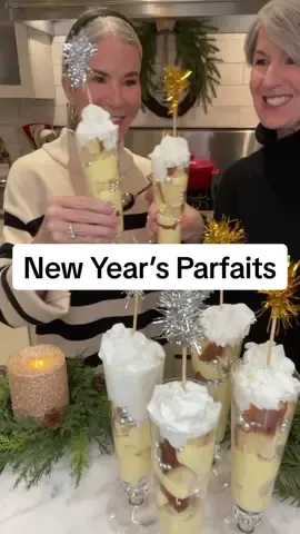 Here’s the recipe: I large package of vanilla pudding. 1 loaf of pound cake (homemade or store bough) cut into cubes Whipped cream Silver dragees (linked) Silver & gold tinsel picks (linked) Using a parfait glass, layer pudding, pound cake, and silver dragees. Top with whipped cream, more dragees & silver/gold tinsel picks!  Cheers and happy New Year from Jodie & Julie, The Design Twins! #amazonhome #amazonfinds #holidayrecipes #EasyRecipes #holidayentertaining 
