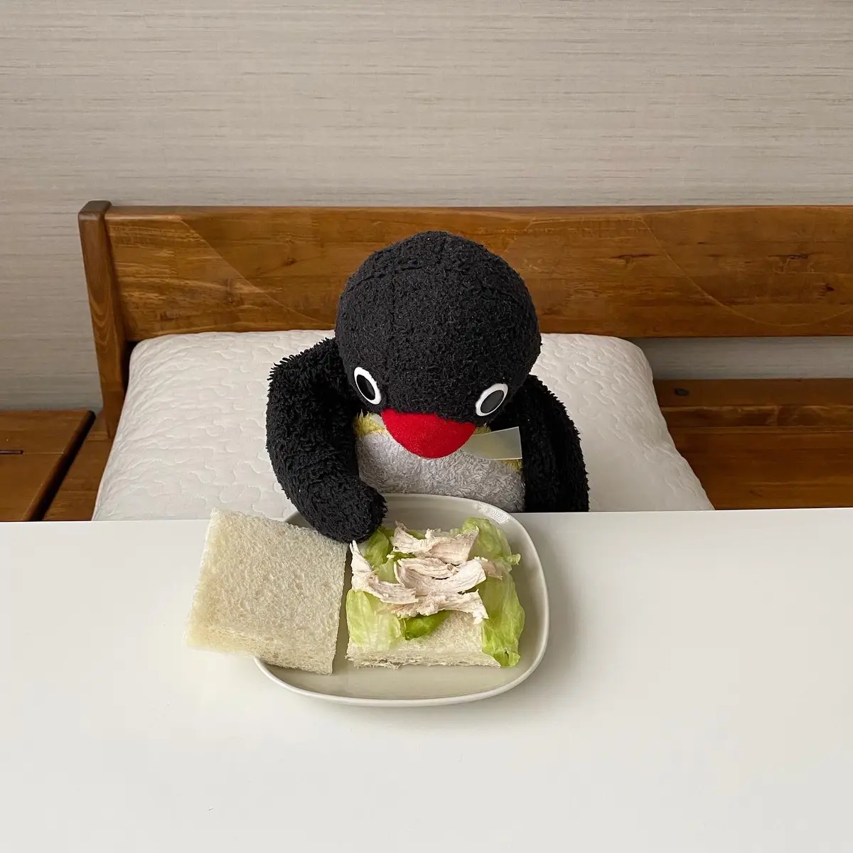 🐧🙂🥪 ・ #ピングー #pingu #ぬい撮り #ペンギン #penguin #🐧 #サンドイッチ #sandwich #stuffedanimals #plushies #nootnoot #japan 