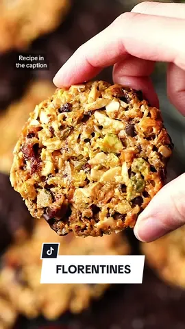 Vegan & Gluten-free Florentines - 50g rice syrup you can also use honey or maple syrup - 30g coconut oil - 30g oat flour* - 40g pistachios finely chopped - 30g flaked almonds finely chopped - 30g dried cranberries finely chopped - Zest of 1 orange - 1 tsp cinnamon - Pinch of salt - 70g dark chocolate melted Preheat your oven to 180C/160C fan/350F.  Add the rice syrup and coconut oil to a saucepan. Melt over a medium heat until combined and the mixture starts to bubble.  Take off the heat and fold in the rest of the ingredients (apart from the chocolate).  Use a small ice cream scoop to scoop out even amounts of the mixture onto a baking sheet lined with baking paper. Make sure the cookies are well spaced out as they will spread in the oven.  Press them down a little (not too much!). Bake for 10-12 minutes until the edges start to brown.  Use a spoon to tidy up the edges as soon as they come out of the oven and the cookies are still soft and mouldable. Leave them to cool completely before removing them from the baking tray or else they will crack and break.  Once cooled, turn the cookies over and spread a layer of dark chocolate on the bottom side. Use a fork to create waves to make them look even prettier. Refrigerate until the chocolate is set.  #chocolate #foodblogger #satisfyingsounds #dairyfree #lovefood #tastyfood #wholefoods #florentines #vegan #veganuary #vegandessert #vegancookies #veganbiscuit #glutenfreedessert #crunchy #healthy 