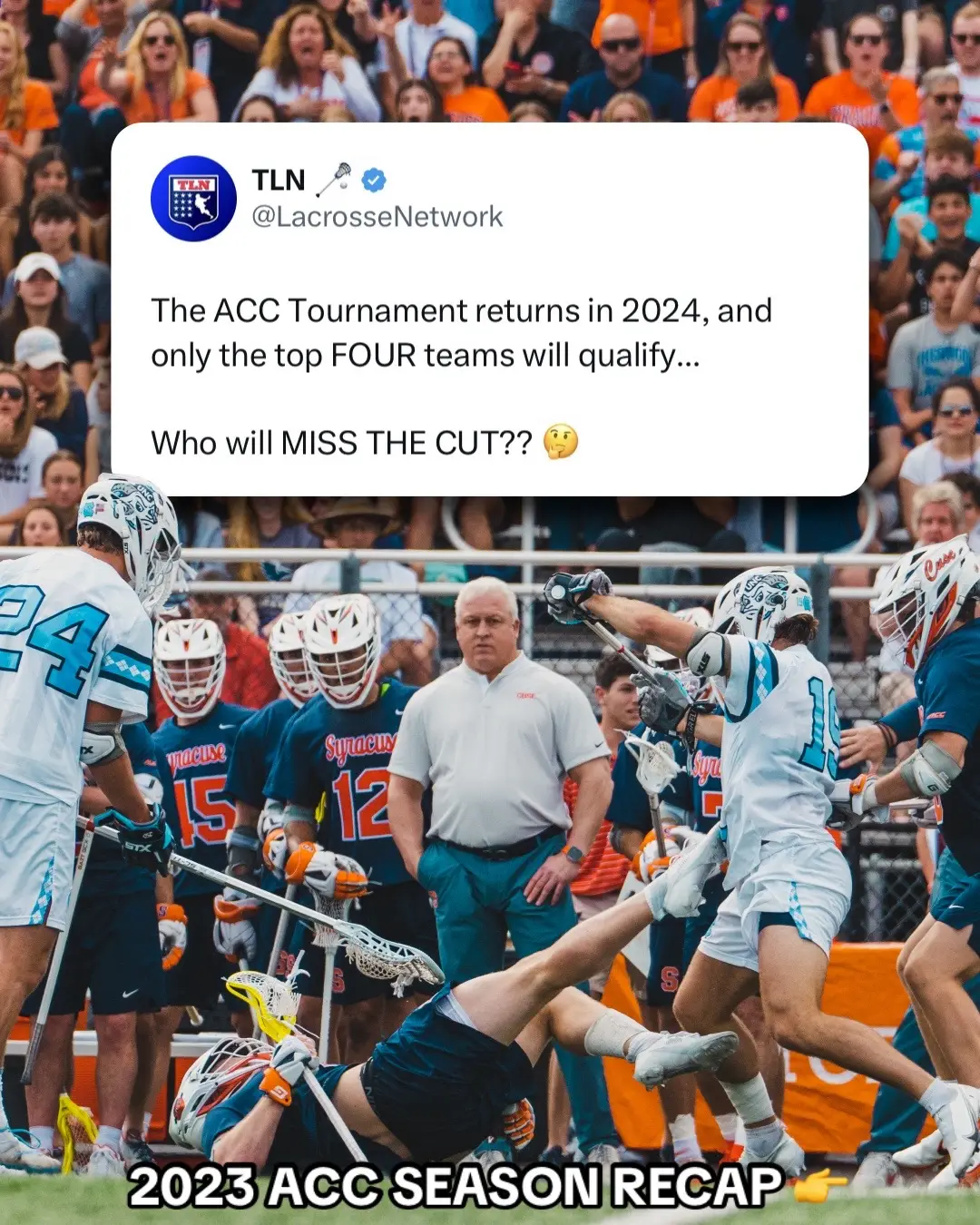 Which team will MISS THE CUT for the 2024 ACC Men’s Lacrosse Championship? 🤔❌ #lacrosse #lax #laxtok #sports #acc #acctournament #duke #notredame #virginia #syracuse #unc #fyp 