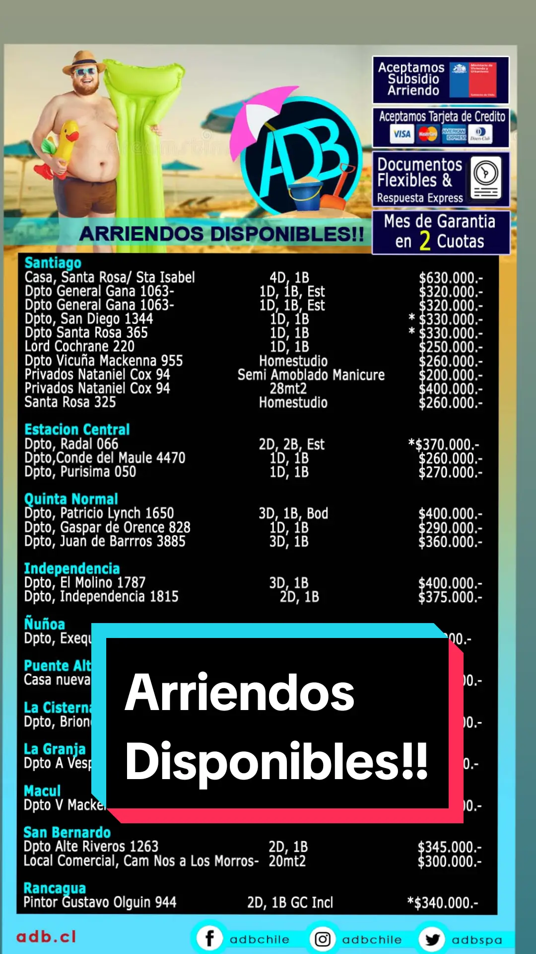 Arriendos Disponibles!! #administraciondepropiedades #corredordepropiedades #inversionistainmobiliario #oportunidadinmobiliaria #ventadepropiedadeschile @Stefany@adb.cl @ADB PROPIEDADES @Oswaldo_adb @Dioselina Alvarado 