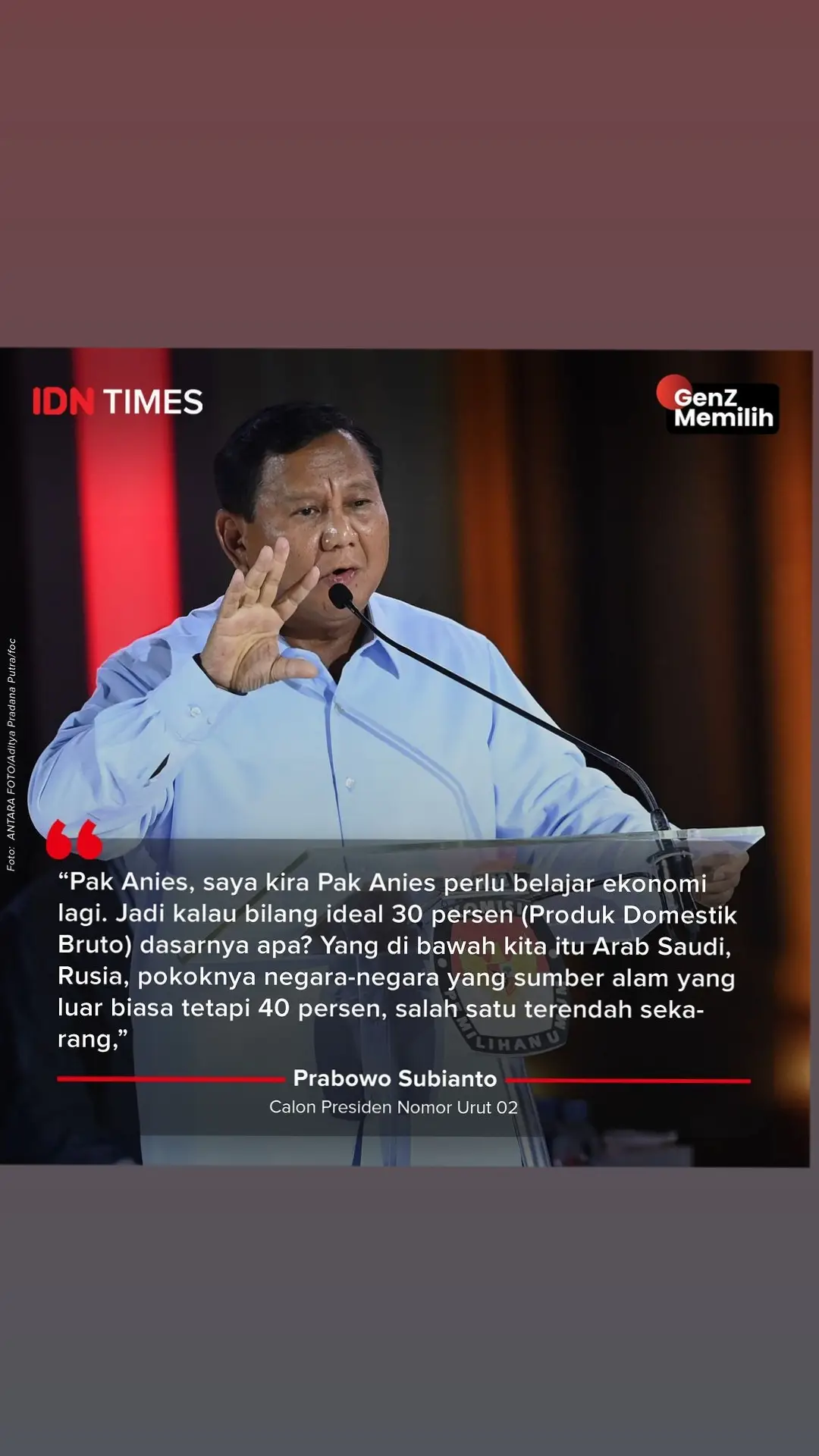 Prabowo Subianto mengatakan, “Pak Anies, saya kira Pak Anies perlu belajar ekonomi lagi. Jadi kalau bilang ideal 30 persen (Produk Domestik Bruto) dasarnya apa? Yang di bawah kita itu Arab Saudi, Rusia, pokoknya negara-negara yang sumber alam yang luar biasa tetapi 40 persen, salah satu terendah sekarang,”. #idntimes #idntimesnews #tiktoknews #tiktokberita #GenZMemilih #SalingJaga #pemilu2024 #debatcapres #prabowo #prabowosubianto 