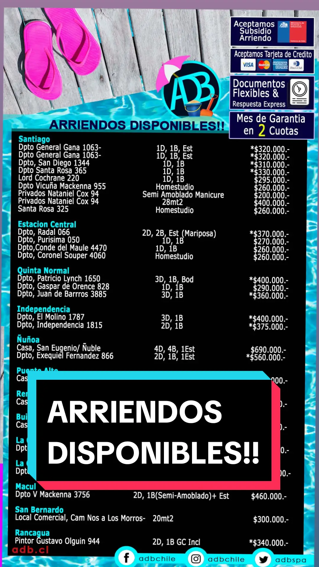 Arriendos Disponibles!! #inversionistainmobiliario #corredordepropiedades #oportunidadinmobiliaria #ventadepropiedadeschile #administraciondepropiedades @Stefany@adb.cl @ADB PROPIEDADES @Oswaldo_adb @Dioselina Alvarado 