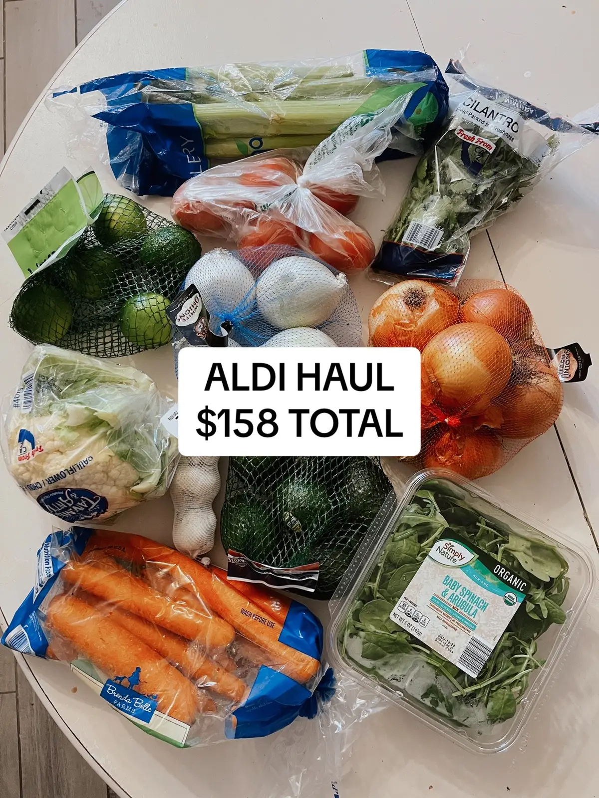 Didnt get many meats bc my freezer is pretty stocked. Hoping this lasts 1-2 weeks 🥕🍇🥘🍤 i think i got alot of produce for super cheap!! #aldi #aldihaul #groceryhaul #weeklygroceries #momtok 