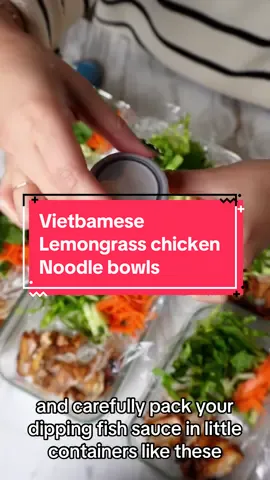 ✨Welcome to the FIRST episode of my Vietnamese Lunchbox Series! Today we are making delicious and wholesome Vietnamese lemongrass chicken noodle bowls (bun thịt nướng) 😍🥗 ✨The goal of this series is to help those who are looking for DELICIOUS , EASY, and HEALTHY meal preps. Stick with me and you’ll never go back to your boring boiled chicken and broccoli again 🤣.  Btw, I’m calling these lunchboxes but these meal preps are PERFECT as pre-made dinner boxes too 😉 📍INGREDIENTS Lemongrass chicken: - 12 chicken thighs   - 3 tsp garlic powder  - 2 tsp onion powder - 4 tbsp lemongrass (frozen, fresh, or paste) - 2 tbsp soy sauce  - 3 tbsp fish sauce  - 2 tbsp honey - 2 tbsp ground coriander  - 1 tsp salt  - 1 tsp chicken bouillon  - 1 tsp paprika - 1/2 tsp cayenne powder - 1 tbsp neutral oil or olive oil  - 1 tbsp vodka to enhance the flavour and tenderize the meat (alternatively use soda) - cracked black pepper to taste  Noodles: 2 bags of any kind of vermicelli noodles of your choice! I use the Jiangxi brand 😉 Dipping Fish Sauce: - 1 cup boiling water  - 1/2 sugar  - 1/2 cup lime juice or vinegar  - 1/4 cup fish sauce  - 2 cloves of minced garlic   Veggies and garnish - lettuce  - cucumbers  - pickled carrots (see my video on how to make this!) - mint leaves  - toasted peanuts  . . . #vietnamesdfood #vietnamesecuisines #EasyRecipes #mealprep #homecooked #healthyrecipes 