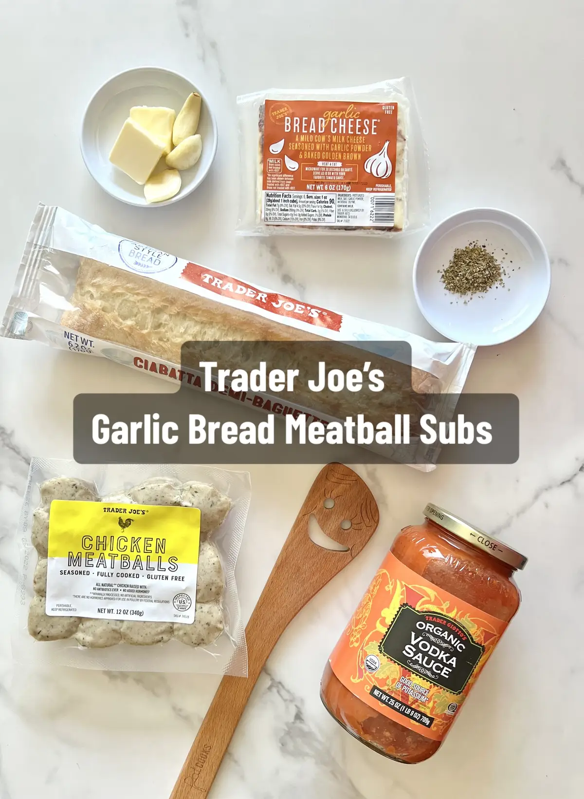You guys will flip for these! Perfectly garlicky, saucy, and cheesy. I had the idea to shred the garlic bread cheese and it was the best decision ever…great alternative to traditional mozzarella if you want to kick it up a notch! Love TJ’s chicken meatballs, they make meal prep so easy. You’re going to want to save this for later! RECIPE⬇️ INGREDIENTS✅ 1 Demi Baguette 2 tbsp. butter, melted 3 garlic cloves, minced 1/2 tsp. Italian seasoning 10 precooked Chicken Meatballs 1/2 jar Organic Vodka Sauce 1/2 cup shredded Garlic Bread Cheese (or mozzarella if not available) Fresh basil, for garnish INSTRUCTIONS✅ Preheat oven to 400F.  Slice baguette horizontally. In a small bowl, combine melted butter with garlic and seasoning. Mix well. Evenly brush or spread each baguette piece with butter mixture. Place on a baking sheet and bake for about 5 minutes, until very lightly toasted. Leave oven on. Add meatballs and sauce to a small saucepan, and place over medium heat. Cook until hot and bubbly, about 8 minutes.  Add 5 meatballs to each baguette piece, and spoon with sauce. Sprinkle with cheese, and bake for about 5 minutes, until cheese has melted.  #traderjoesmealideas #traderjoes #traderjoesfinds #traderjoesmusthaves #traderjoesobsessed #meatballsub #recipeincaption #fyp #traderjoesfoodreviews #traderjoeshaul #traderjoeshacks #traderhoes #fyp #girldinners 
