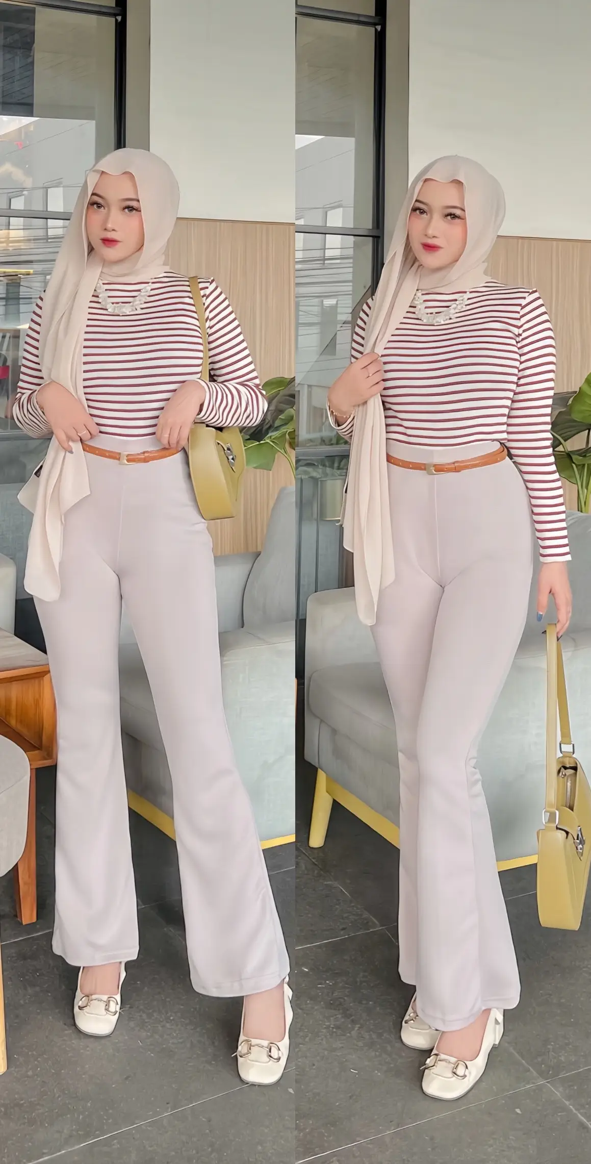 SPILL [ Top stripe LINK 704 — Cutbray pants LINK 705 — Shoes LINK 207 — Hijab LINK bio 520 ] #OOTD  #ootdhijabstyle #outfitideas 