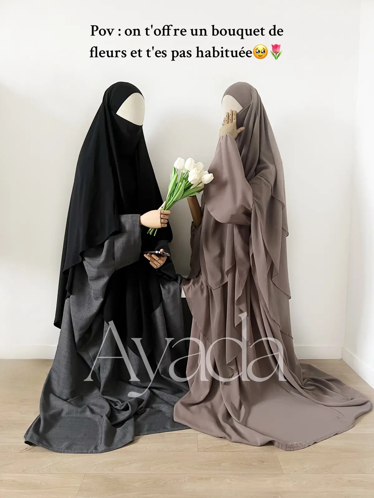 Outfit : - Khimar Medina Long Noir - Abaya Sutra Gris souris - Abaya Manche Ballon Taupe - Khimar 3 voiles Taupe ayada-boutique.com pour les commander🤍