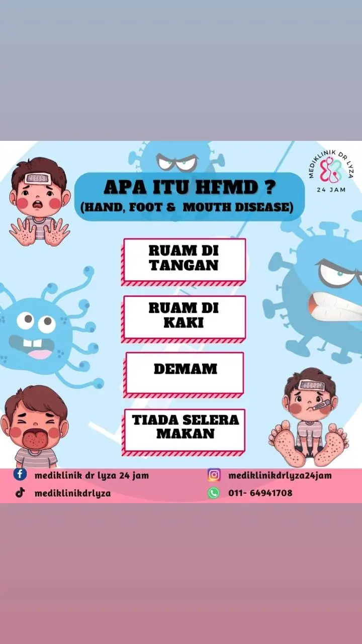 Penyakit kaki, tangan & mulut (HFMD) Awas ‼️ si manja berisiko terkena jangkitan penyakit kaki, tangan & mulut. Disebabkan oleh dua virus utama: - Coxsackie Virus A16, A6 - ﻿﻿Enterovirus-71 (EV71) Kanak-kanak berusia di bawah LIMA tahun mudah mendapat jangkitan. 90% kes HFMD berlaku pada kanak- kanak berumur LIMA tahun dan ke bawah. Segera berjumpa dengan doktor sekiranya si manja mempunyai simptom tersebut. Anda boleh terus walk in ke klinik atau hubungi kami untuk temujanji 🥰 