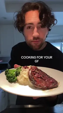 Cooking for your gf (I can always do it for you) Portobello Mushroom Steak w/ red wine reduction, garlic mash & broccolini 🍄  Full recipe:  1-2 portobello mushrooms, scored  Marinade:  2 tbsp olive oil  2 tbsp soy sauce or coconut aminos  Lemon zest Juice from 1/2 lemon 2 garlic cloves  Handful fresh parsley  2-3 tbsp steak seasoning (Or garlic powder, onion powder, black pepper, oregano, paprika, & rosemary) 1 tbsp dried basil  Big pinch salt  1 tsp black pepper  Red wine reduction:  1 tbsp minced garlic (or leftover from marinade) 1 tbsp fresh chopped parsley  1/4 cup minced onion  1/2 cup red wine  1 tsp balsamic vinegar  2 tbsp butter  Using @thecookingguildshop Hand Forged Chef’s Knife 🔪  You can get 10% off any of their products using the link in my bio:  www.thecookingguild.com/JUSTINCOOKSGOOD . . . . . . #vegan #plantbased #veganrecipe    #veganchef #vegetables #gf #steak #dinner #newrecipe #mushroomsteak #portobello #portobellomushroom #mushroom #mushrooms #datenightdinner #vegansteak #EasyRecipe #plantbasedrecipe  #foodreel 