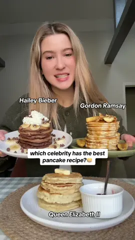 which celebrity has the best pancake recipe? trying three pancakes: gordon ramsay, hailey beiber and The Queen’s from 1950! so so good #pancakes #pancakerecipe #Recipe #viralrrecipe #celebrityrecipe #celebrityfood @Gordon Ramsay #gordonramsay #haileybieber #thequeen #queenelizabeth #viralvideo #viral #fyp #foryoupage #FoodTok #food #viralfood 