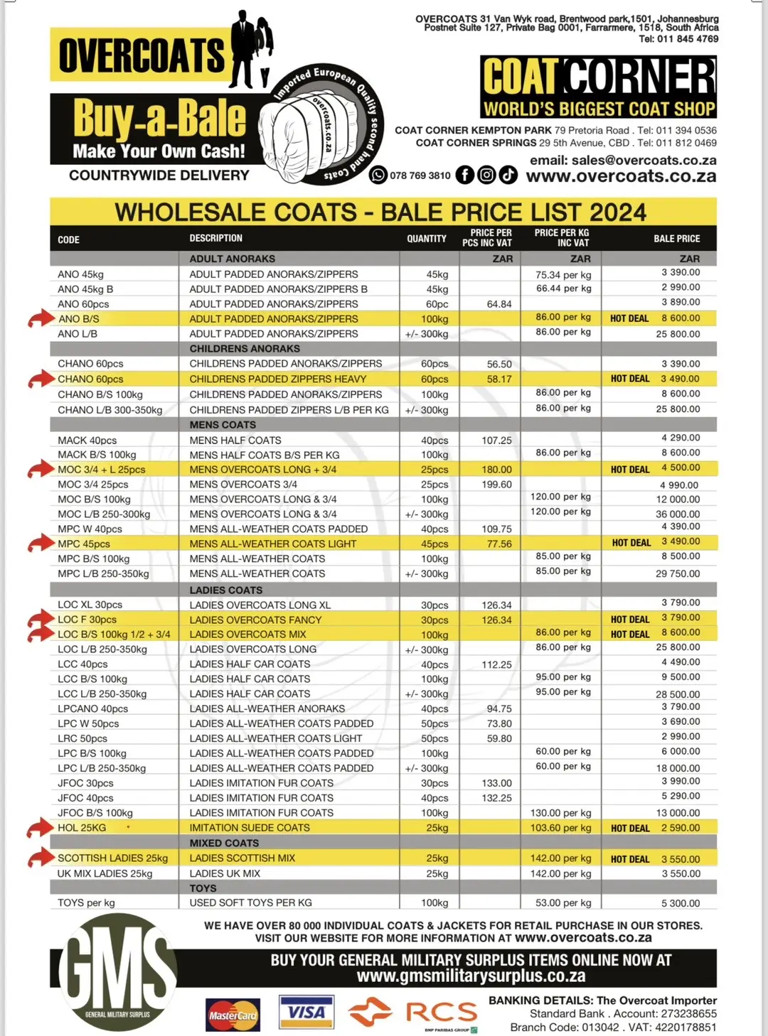 The 2024 bale price list! Drop us a dm or come in store if you are interested! Our locations are 31 Van Wyk Road Brentwood Park. 79 Pretoria road kempton park CBD. 29 5th Avenue springs Cbd. We courier bales nationwide. #southafrica #overcoats #coatcorner #thrift #wholesale 