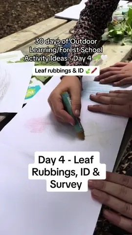 Today is day 4 of my 30 day challenge of posting a Forest School/ Outdoor learning idea every day for 30 days. Today's activity idea is using leaf rubbings to survey the trees in your garden, Forest School area or that you find on an outdoor walk.  This is perfect for Forest School Leaders, Home Schooling Parents, Outdoor Learning Teachers and anyone looking for inspiration to get their kids outdoors and learning about nature such as the 1000 hours outside challenge #1000hoursoutside #forestschool #forestschoolideas #forestschoolwales #wildschooling #outdoorlearning #homeeducation #homeschooling #naturestudies #exploringnaturewithchildren #activityideasforchildren #kidsactivities #earlyyears #naturepreschool #leafrubbings 