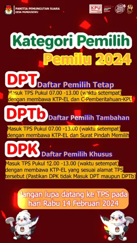 Hai #TemanPemilih Desa Mundusewu perlu diketahui katagori pemilih pada pemilihan umum tahun 2024 #14februari2024 #14februari2024kitamemilih #kpumelayani #PPSDesaMundusewu #Pemilu Serentak2024 #SalingJaga #jagapemilu #jagapemilu2024 #kpps2024 #sirekap #tipskpps #bimteksirekap #sirekapkpu #bimtekkpps #bimtekpps #bimtekppspemilu2024 #bimtekppk #sirekapkpps #sirekapkpu 