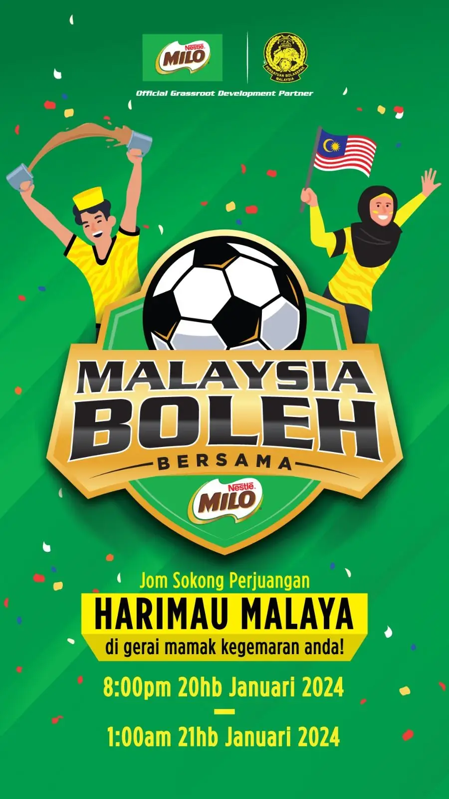 🇲🇾🐅 Jom kita join! 🤝🔥 Mari tunjukkan sokongan anda untuk Harimau Malaya bersama MILO!  Datang dan sokonglah pasukan Harimau Malaya di gerai mamak terpilih pada 20 Januari, 8:00 PM sehingga 21 Januari, 12:00 AM dan berpeluang MENANGI hadiah eksklusif seperti jersey dan bola sepak! 👉Beli promosi minuman MILO di mamak terpilih. (Beli 2 minuman MILO, dapatkan 1 minuman PERCUMA!) 👉Tetapkan akaun Instagram anda kepada PUBLIC dan muat naik gambar paling kreatif MILO bersama momen Harimau Malaya anda! 👉Tag @milo_malaysia di IG dan tambah hashtag #JomMinumMILO dan #HarimauMalaya dalam 'caption' anda. 👉Berikan resit anda kepada krew MILO di mamak dan tunggu pengumuman pemenang! Jumpa korang kat mamak bersama rakan-rakan anda! #MiloMY #MalaysiaBolehBersamaMILO #HarimauMalaya #JomMinumMILO 