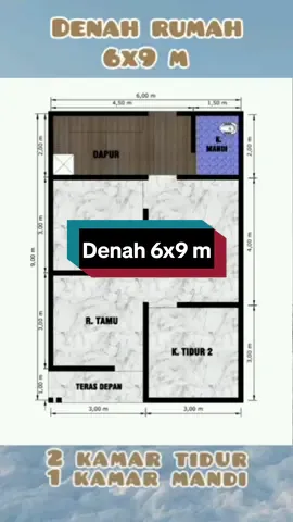 Denah 6x9 m 2 kamar tidur 1 kamar mandi konsep sederhana minimalis #denah #rumahminimalis #housedesign #casa #smallhouse 