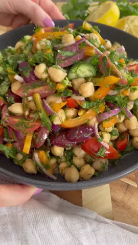 Chickpea Salad  Chickpeas are combined with juicy tomatoes, crisp cucumbers, dill, all tossed in an easy homemade lemon dressing. —Dressing Ingredients— 1/4 cup extra virgin olive oil  Juice of 1 lemon  2 tablespoons red vinegar  2 tablespoons Dijon mustard  1 teaspoon salt  1/2 teaspoon black pepper  1/2 teaspoon oregano  —Salad Ingredients— 2 cans chickpeas (drained and rinsed)  1 orange bell pepper  1 red onion  3 Persian cucumbers 2 cups cherry tomatoes  1/2 cup Kalamata olives  1 cup chopped dill  1 cup chopped parsley  1. In a large bowl combine all the ingredients for the dressing and whisk to combine.  2. Chop all the vegetables and herb. Slice the Kalamata olives in half, drain and rinse the chickpeas.  3. Add the chickpeas Add remaining salad ingredients to the dressing and gently toss to combine and enjoy!  #chickpeas #salad #favorite #saladrecipe #homemade #delicious #Foodie #tasty #foodlovers 