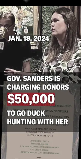 Today, Sarah Sanders is having a fundraiser for the super-wealthy— those able to donate $50,000, $25,000, just to suck up with politicians like Sarah who will work for them. Gov. Sanders has catered to the wealthy at every opportunity: - the LEARNS voucher scam which disproportionately benefits the wealthy and those who are already sending their kids to private school - pushing a tax giveaway worth millions to to the top income brackets while giving working families only $150 on their state return It’s time for leadership in Arkansas that will represent working people, not campaign donors.