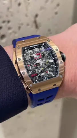 Dive into luxury with the @richardmille  RM011 FM Rose Gold & Ti, adorned with a striking Blue Vented strap. Timepiece perfection! ⌚💙 #RichardMille  #LuxuryWatches  #BlueVentedElegance  #WatchGoals  #TimepiecePerfection