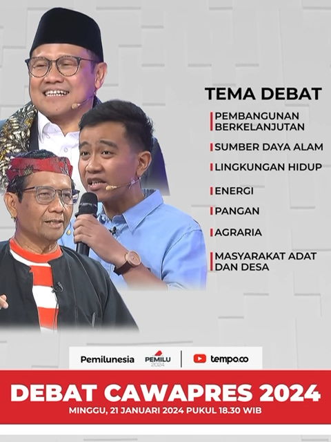 Komisi Pemilihan Umum Republik Indonesia akan kembali menggelar Debat Cawapres 2024.  Debat Keempat yang diikuti oleh Muhaimin Iskandar, Gibran Rakabuming Raka dan Mahfud MD ini akan mengangkat tema Pembangunan Berkelanjutan, Sumber Daya Alam, Lingkungan Hidup, Energi, Pangan, Agraria, Masyarakat Adat dan Desa. Saksikan! Debat Keempat: Cawapres 2024 Hari Tanggal: Minggu 21 Januari Pukul 18.30  di Youtube Tempodotco, Facebook Tempo Media dan X Tempo.co