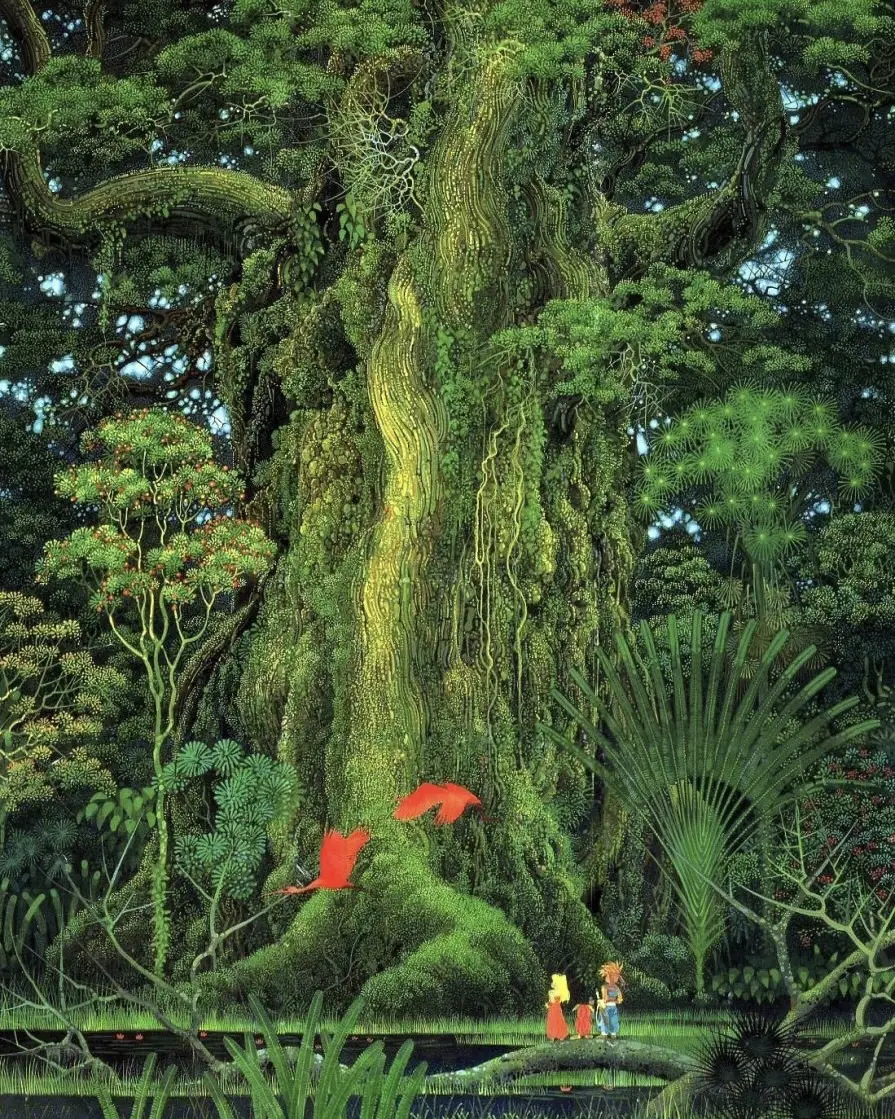 Artwork by Hirō Isono.                               Hirō Isono, a distinguished Japanese artist born in 1945, is renowned for his intricate depictions of tropical jungles and wildlife. Through extensive travels across the South Pacific, Africa, and North America, he drew inspiration from the diverse landscapes and fauna he encountered. Isono's artistic prowess gained further recognition with his contributions to the RPG series 