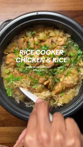 Day 24/30 Rice Cooker Chicken & Rice  Serves 3-4  Chicken:  Skinless, boneless Chicken Thighs  Dark & light soy sauce  Sesame oil  Ground Turmeric  Ground Coriander  Minced Garlic & Ginger  Salt to taste  Rice:  Sella Golden basmati rice  Light soy sauce  Sesame oil Minced ginger/garlic  Diced onion Salt  Vegetable/chicken stock  1. Add all the ingredients to the chicken and leave to a side to gently marinate.  2. Wash the rice, add water and your rice ingredients and mix well.  3. Place the chicken on top of the rice, cover and leave to cook!  4. Garnish and enjoy x  #chicken #ricecooker #EasyRecipe #onepotmeals #recipes #budget #fyp 