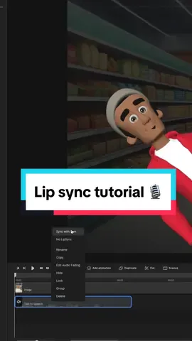 Easy lip sync in three steps ✅💸 1️⃣ Click on studio, then on 3D characters. Drag the selected 3D character onto the timeline and choose from a wide range of customizations. 2️⃣ Select the music tab, then speech. Here, select our AI driven feature and type your text. Choose the voice you like and hit generate speech. Drag the voice to the timeline. 3️⃣ Right-click on the generated audio and select Sync with. #createstudio #3dcharacter #animation #3danimation #lipsync #lip #animations #animationtiktok #viral #pixar #easy #easytutorial #tutorial #fypage #viraltiktok 