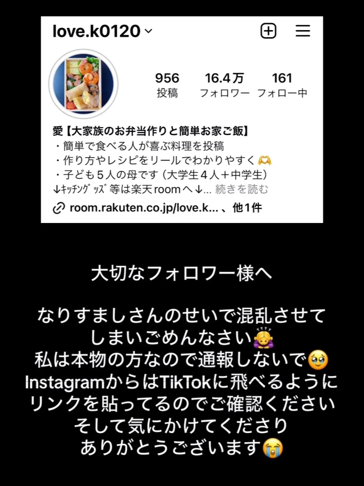 なりすましさんをフォローしてしまったり、反対に私がなりすましだと思われ通報されたり…混乱させてしまいごめんなさい🙇‍♀️ 心配や不安なときはInstagramに確認のDMをください。必ずお返事します🥰 こんなことがきっかけになってしまったけど、Instagramを軸にしながらTikTokにも投稿していこうと思います。 @キキ ⇦同じくなりすまし被害を受けてるキキ弁のキキちゃんもTikTok始めたのでフォローしてね💕 #なりすまし #instagramも見てね 