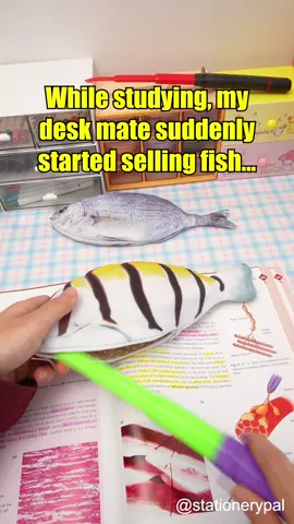 While studying, my desk mate suddenly started selling fish...🔪🐟
 #capcut #stationerypal #stationery #fyp 