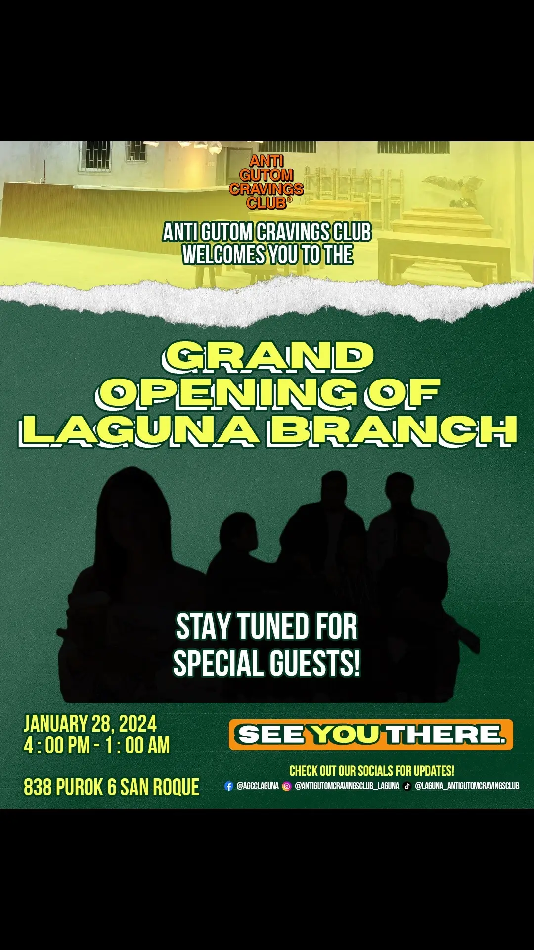 Our Laguna Branch will open this Sunday 😍 Stay Tuned for our Special Guests!  Waze : Laguna - Anti Gutom Cravings club 🗓️January 28, 2024 ⏱️ 4PM - 1AM 📍838 Purok 6 San Roque WE ARE OPEN FOR FRANCHISE🚨  *Message us “franchise” for inquiries CONTACT US HERE:  📧jaynardorquejr@gmail.com 📞09154462570 Thank you! 💯 #antigutomcravingsclub #antigutomcravingsclublaguna #agcclaguna 