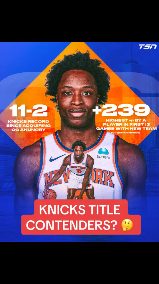 The Knicks are 11-2 since trading for OG Anunoby, and a +239 with him on the court... Are they NBA title contenders?🤔 #NBA #basektball 