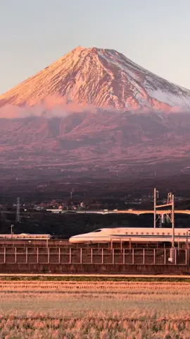 Red Fuji and Shinkansen in winter.  #fujisan #mtfuji #fuji #redfuji #akafuji #winter #shizuoka #japan #shinkansen #japanrail #japanrailway #japanrailways #鉄道 #電車 #新幹線 #富士山 #赤富士 #冬 #静岡県 #日本 