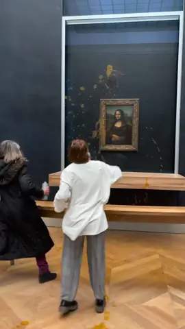 Food protestors are back at it again, this time vandalizing the Mona Lisa painting at the Louvre by throwing canned soup at it. The painting was undamaged thanks to the protective glass it’s covered in. #louvre #monelisa #fy  Video by @Jose Rexach 