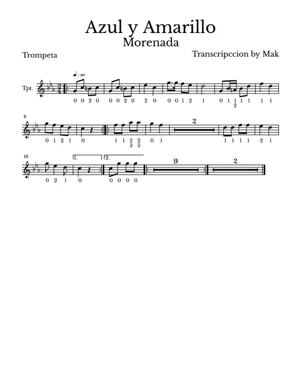 Azul y Amarillo partitura enumerada trompeta y bajo 🔥🔥#carnaval #morenada #enumerados #partiturasbolivia #trompeta #baritone 